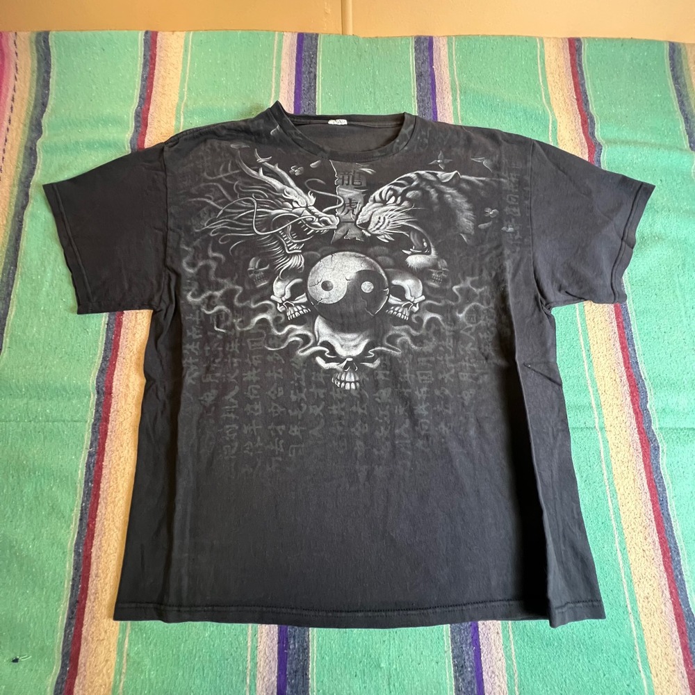 Delta Pro Weight Graphic Tee Mens L Black Dragon Tiger Yin Yang Skull Vintage